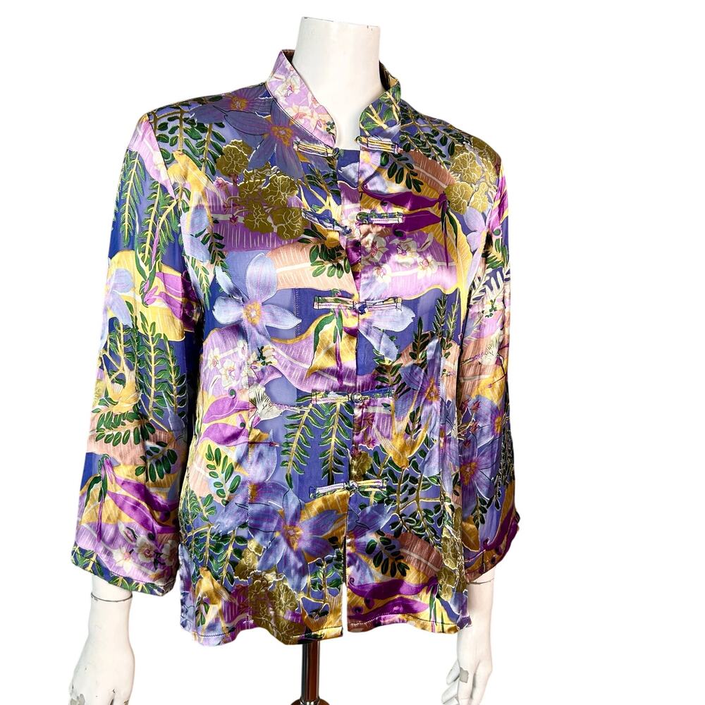 Aris.A top blouse Medium burnout velvet silk tropical purple Asian‎ Hawaiian